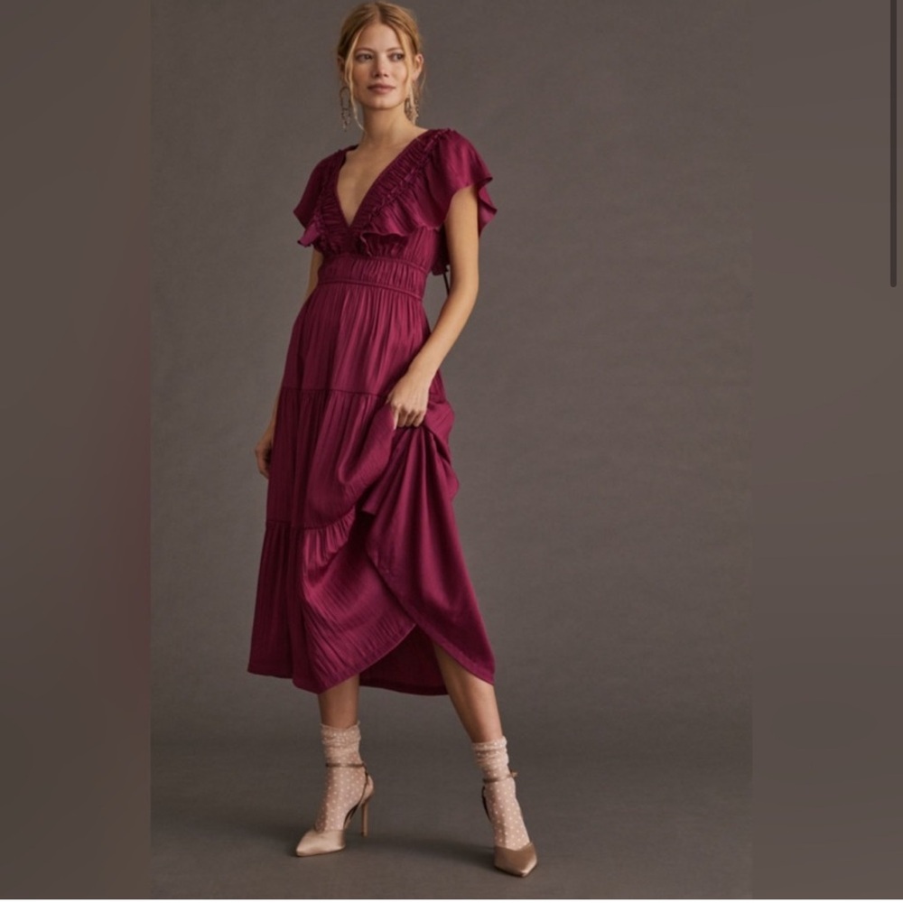 Magenta Ruffled Tiered Midi Dress